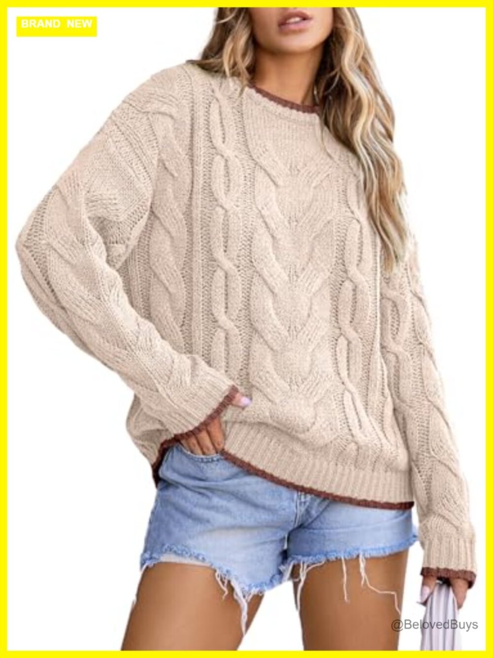 Womens Cable Knit Chunky Pullover Sweater Crewneck Long Sleeve
